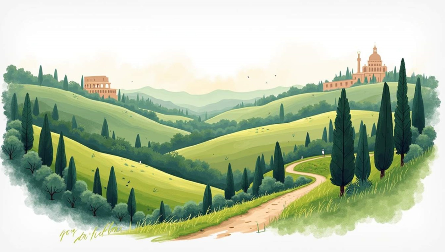 Illustrazione di un paesaggio collinare romano con cipressi, sentieri sterrati e due edifici storici sullo sfondo, immersi nel verde e nella natura.