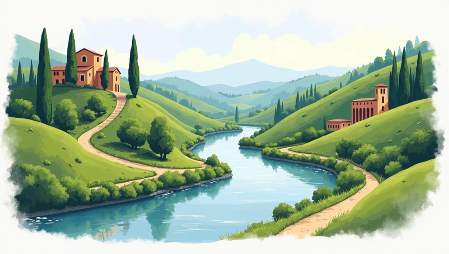  Illustrazione di un paesaggio collinare con un fiume che serpeggia tra verdi colline, strade sterrate e casali in stile toscano circondati da cipressi e alberi.