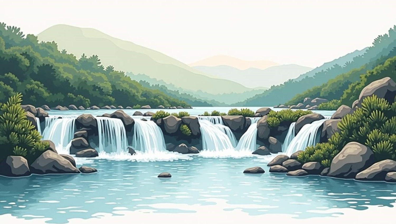 Illustrazione di un fiume con piccole cascate che scorrono tra rocce e vegetazione, circondato da colline verdi e montagne in lontananza, in un paesaggio naturale tranquillo.