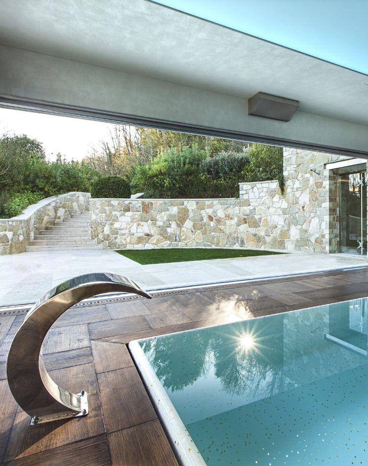 poolside decking in antique oak wood