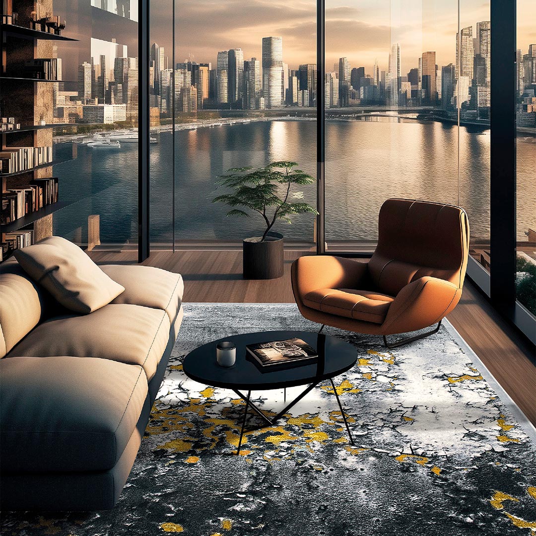 Tappeto GABRIELLE 491E/Q13: Stile Materico con Accenti Dorati