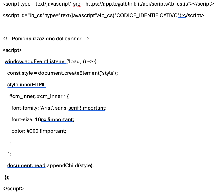 cambiare font nel banner