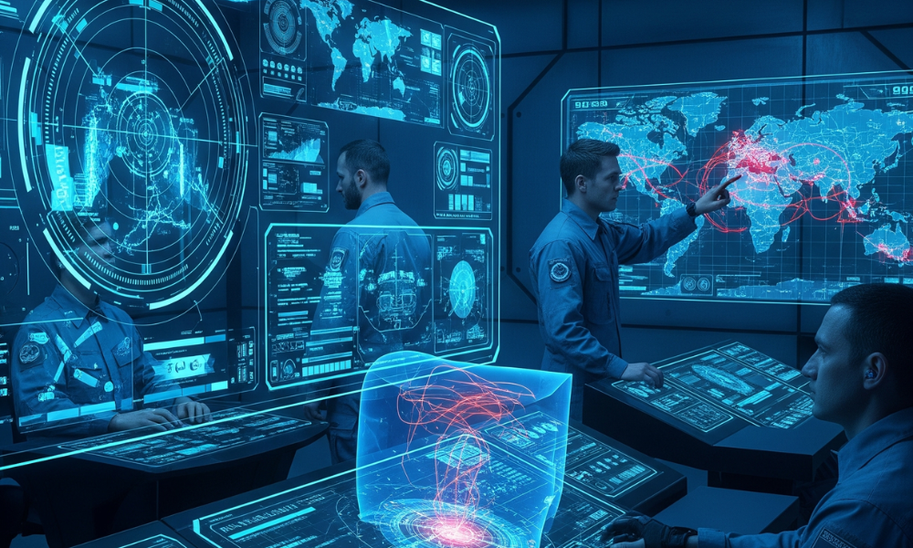 Team of military or intelligence officers in a futuristic command center, interacting with digital maps and holographic data on high-tech screens showing global surveillance and strategic information.