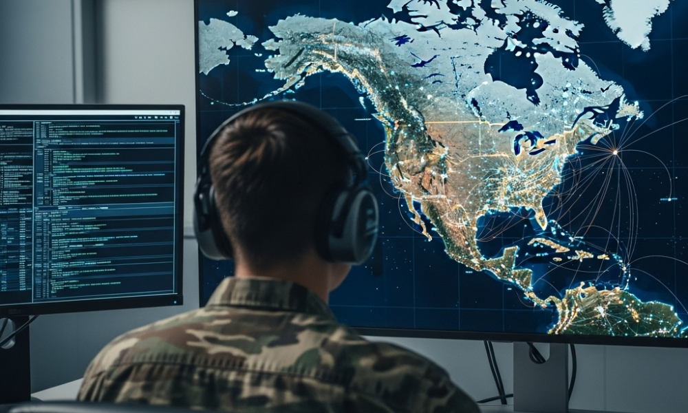 Military personnel wearing camouflage and headphones, analyzing digital data on a screen with a map of North America and global cyber connections.