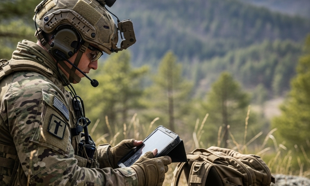 Soldier in tactical gear and helmet using a rugged tablet device in a forested outdoor environment, with a communication headset and a backpack nearby.