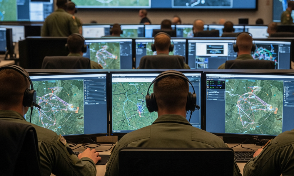 Military personnel wearing headsets monitor and analyze geographic data and tactical maps on multiple computer screens in a command center.
