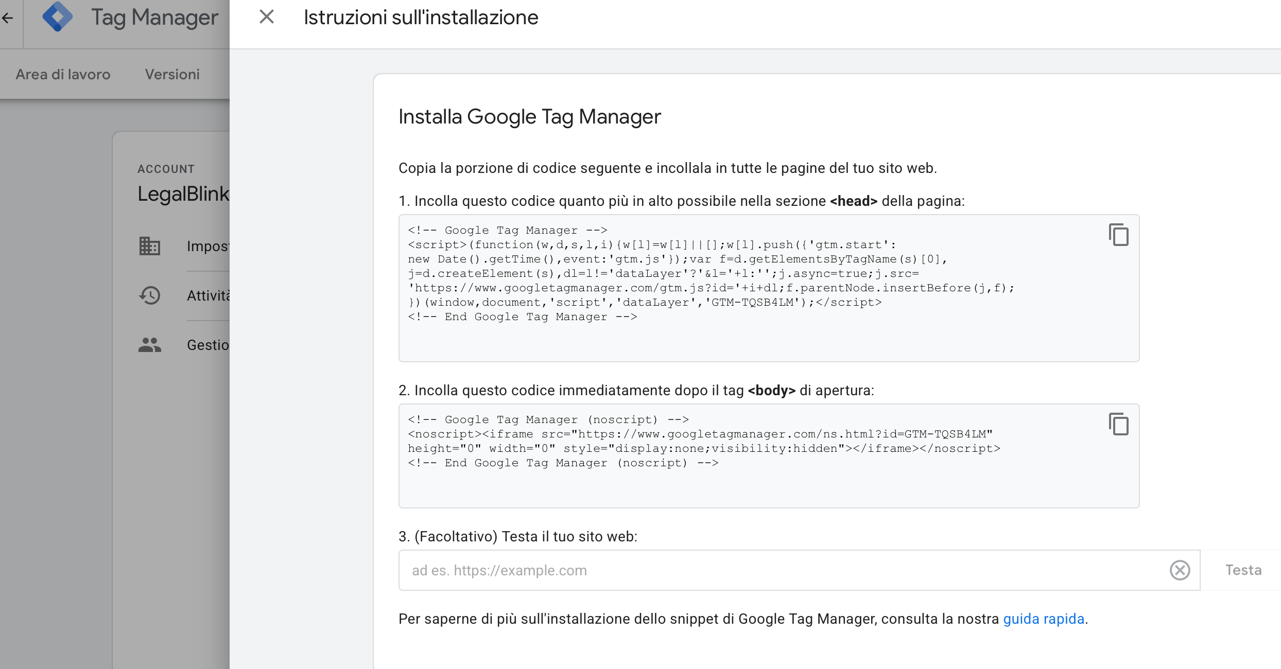 codici tag manager da inserire