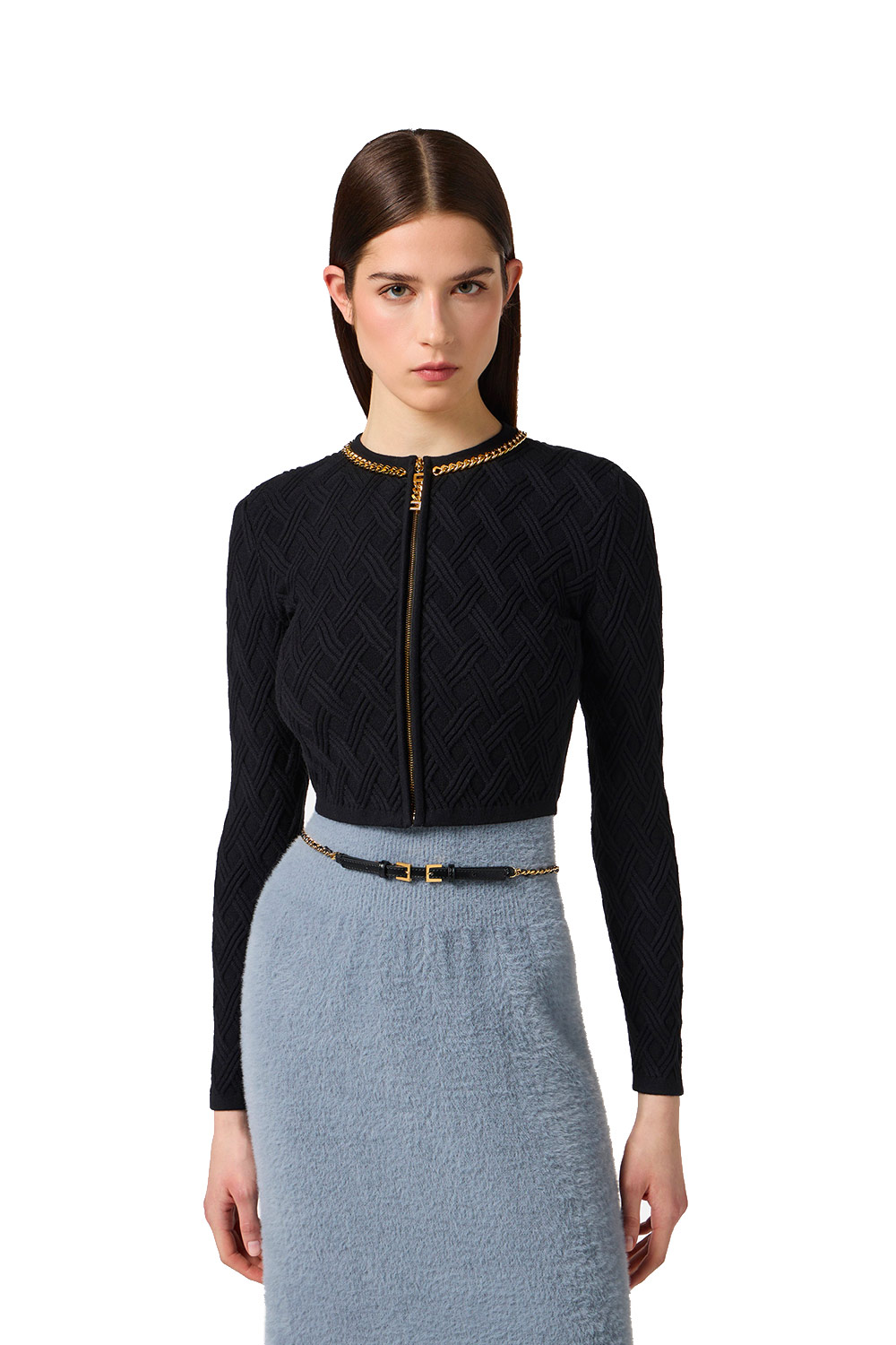 Cardigan in Maglia a Rombi con Dettaglio Gioiello