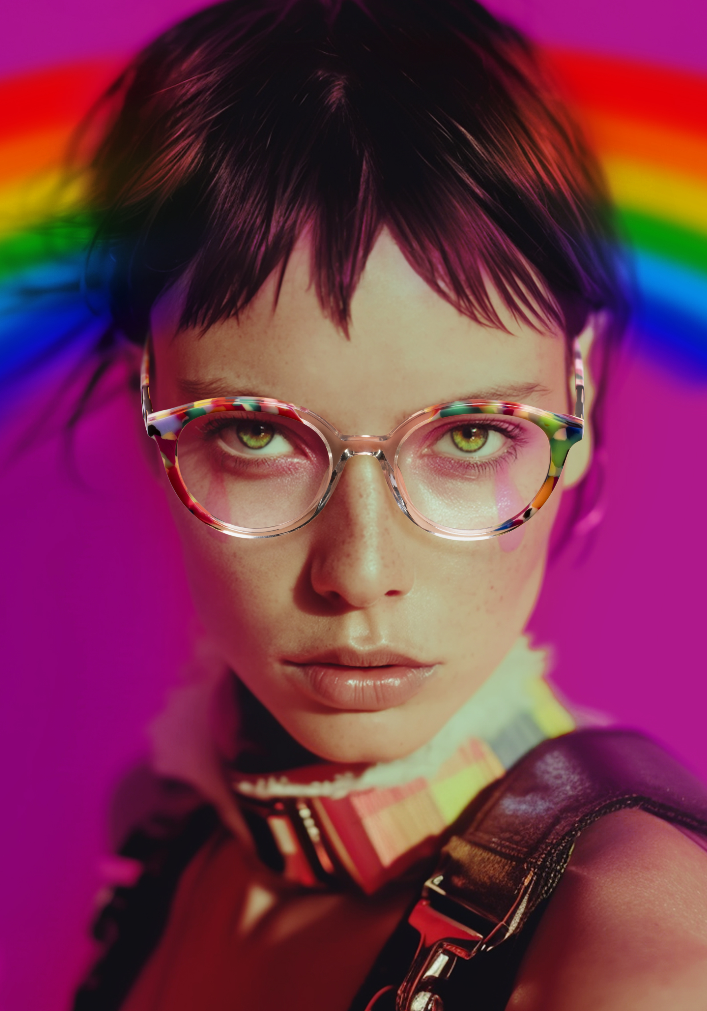 A stylish woman in a futuristic outfit and trendy glasses Kaos exudes sophistication and elegance.