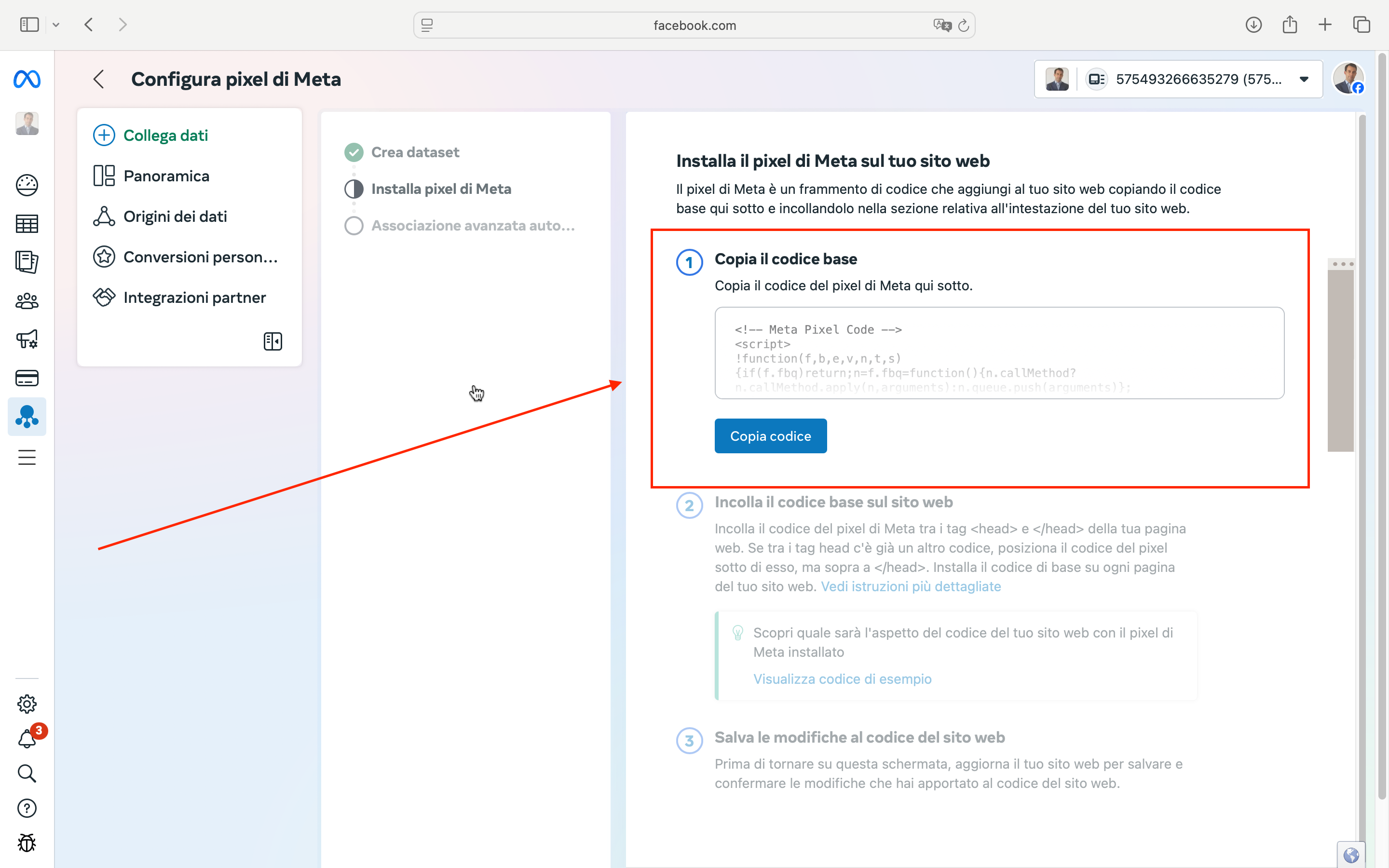 copia il pixel di Facebook