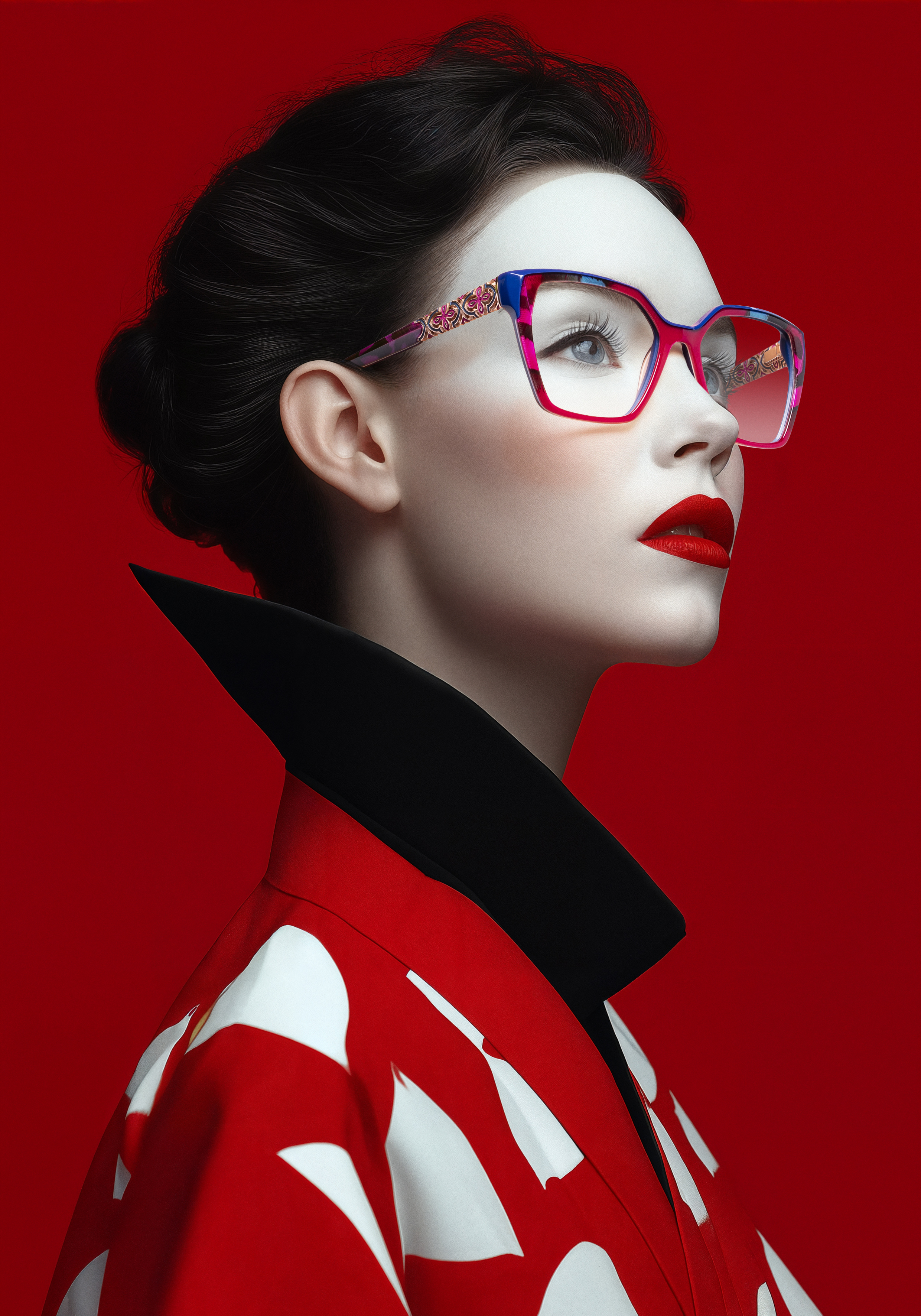 Stylish woman in glasses, lovely blue and yellow dress, trendy look.