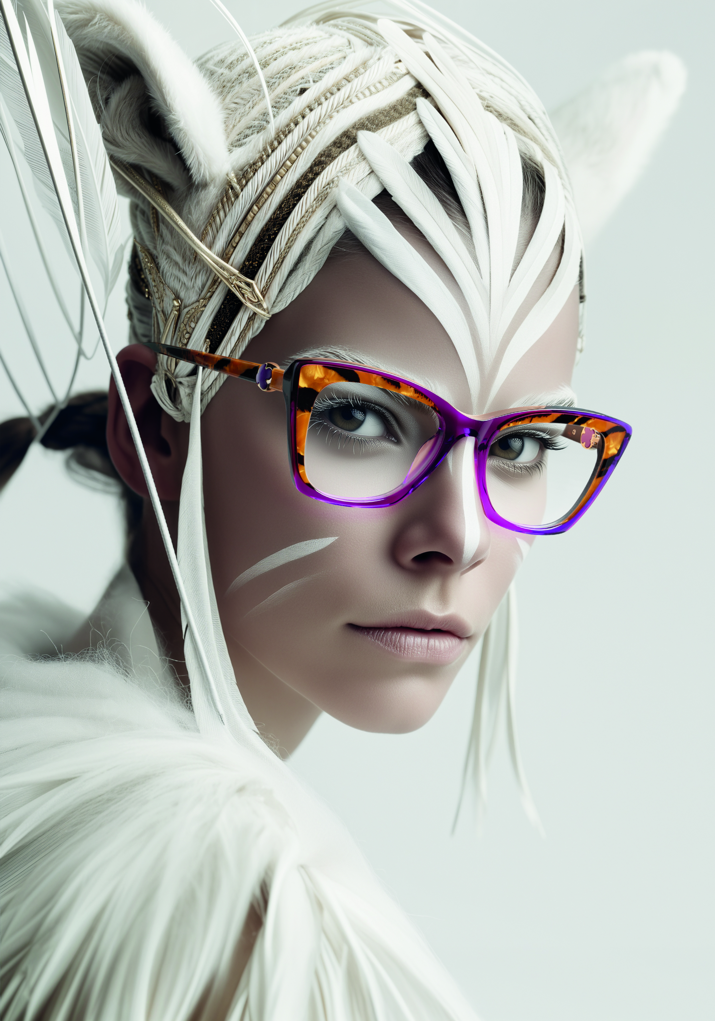 A sophisticated woman with glasses La Matta, showcasing a fierce tiger face paint design, exuding elegance and strength.