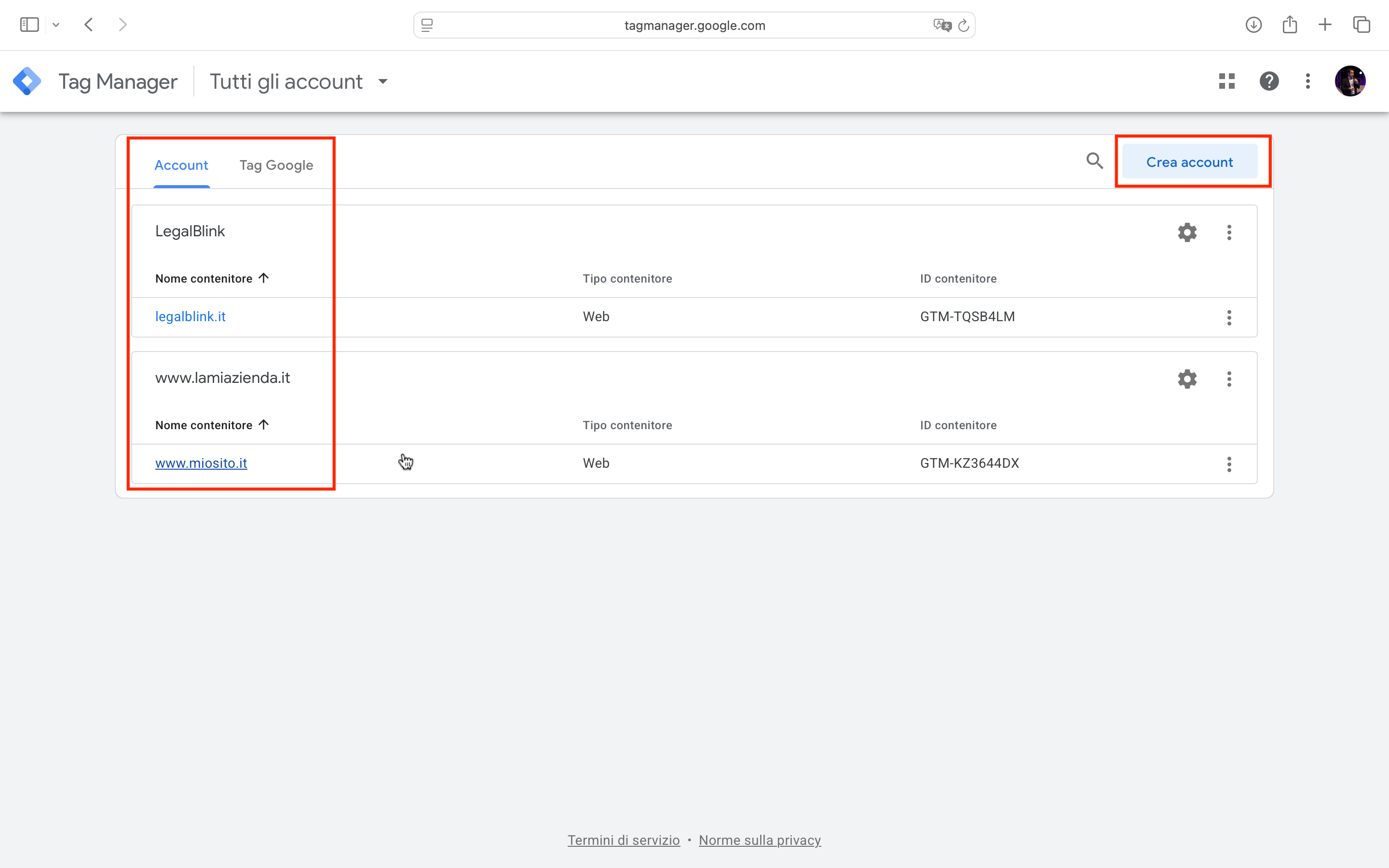 crea account tag manager