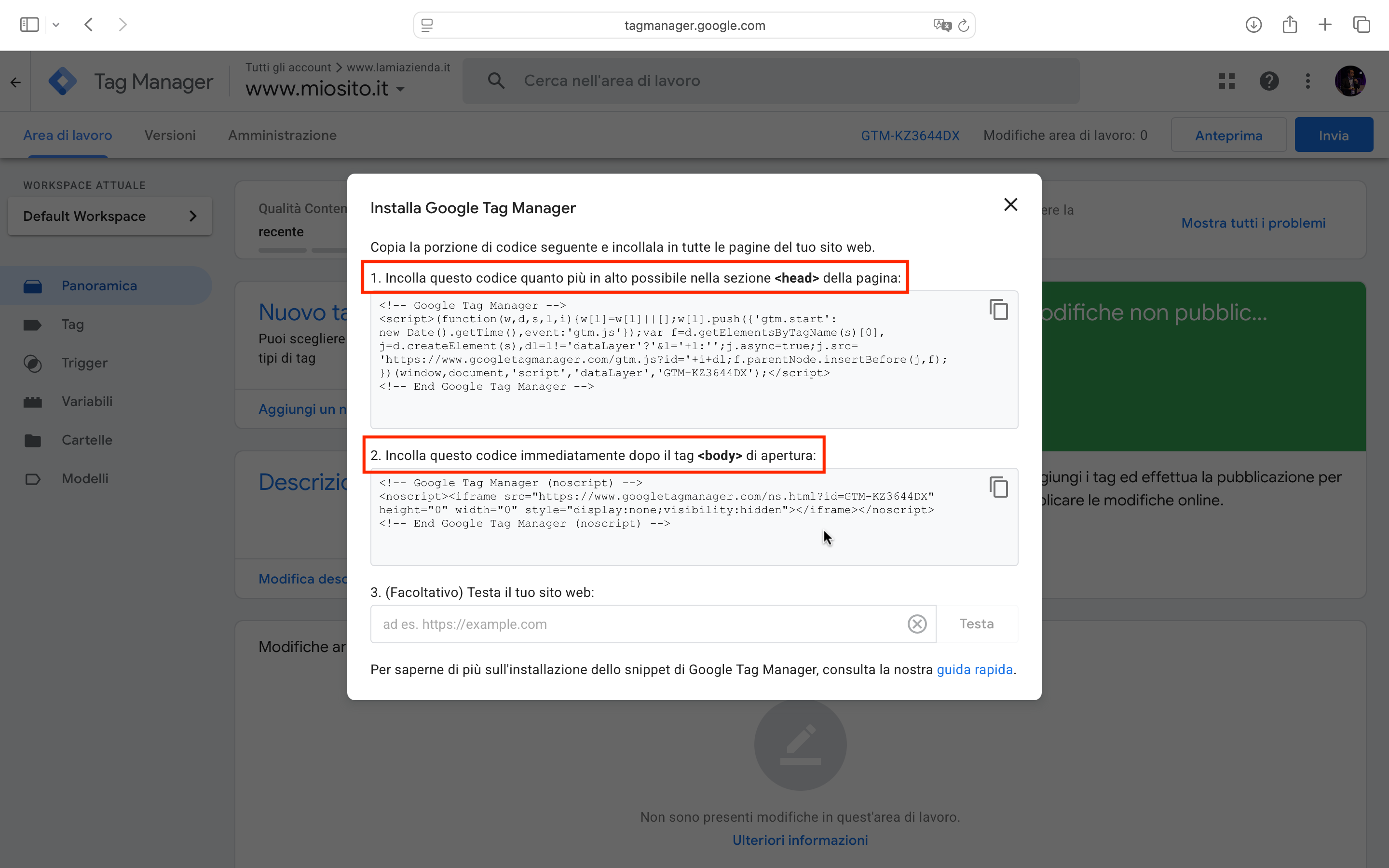 copiare codici di tag manager