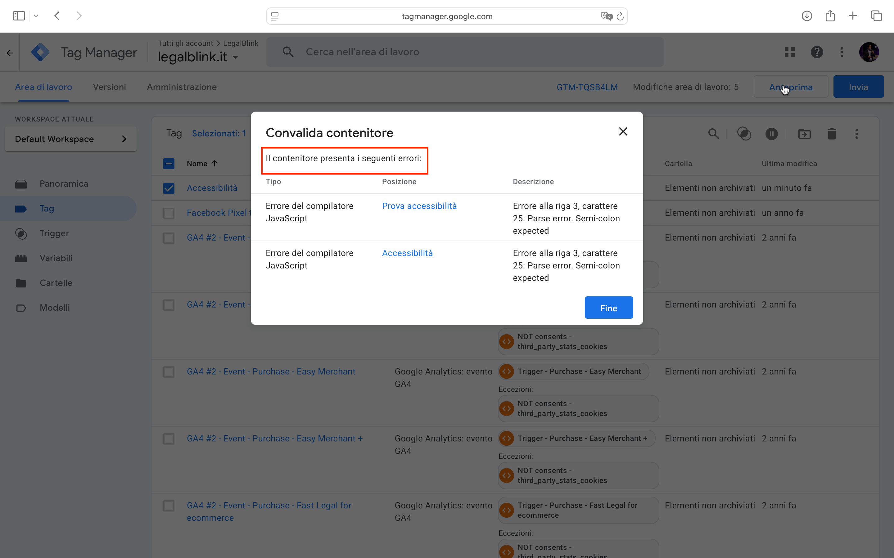 tag manager da errore