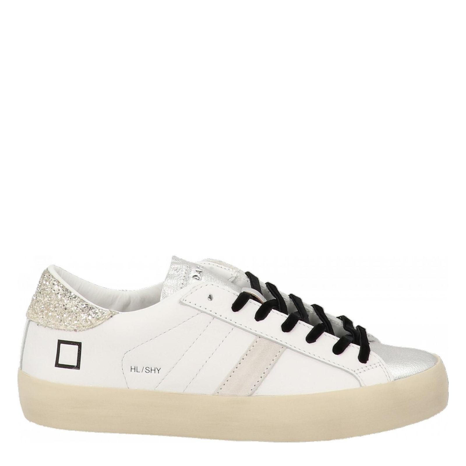 Sneakers DATE Hill Low Shiny White-Leopard Donna – Pelle Bianca Con Glitter E Dettaglio Leopardato, Made In Italy