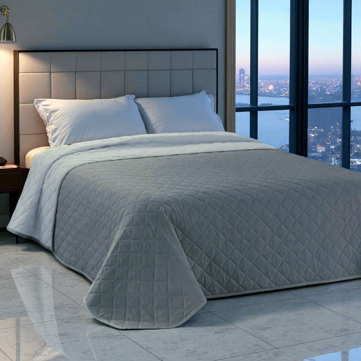 Trapuntino Bicolor matrimoniale in Puro Cotone Percalle - grigio