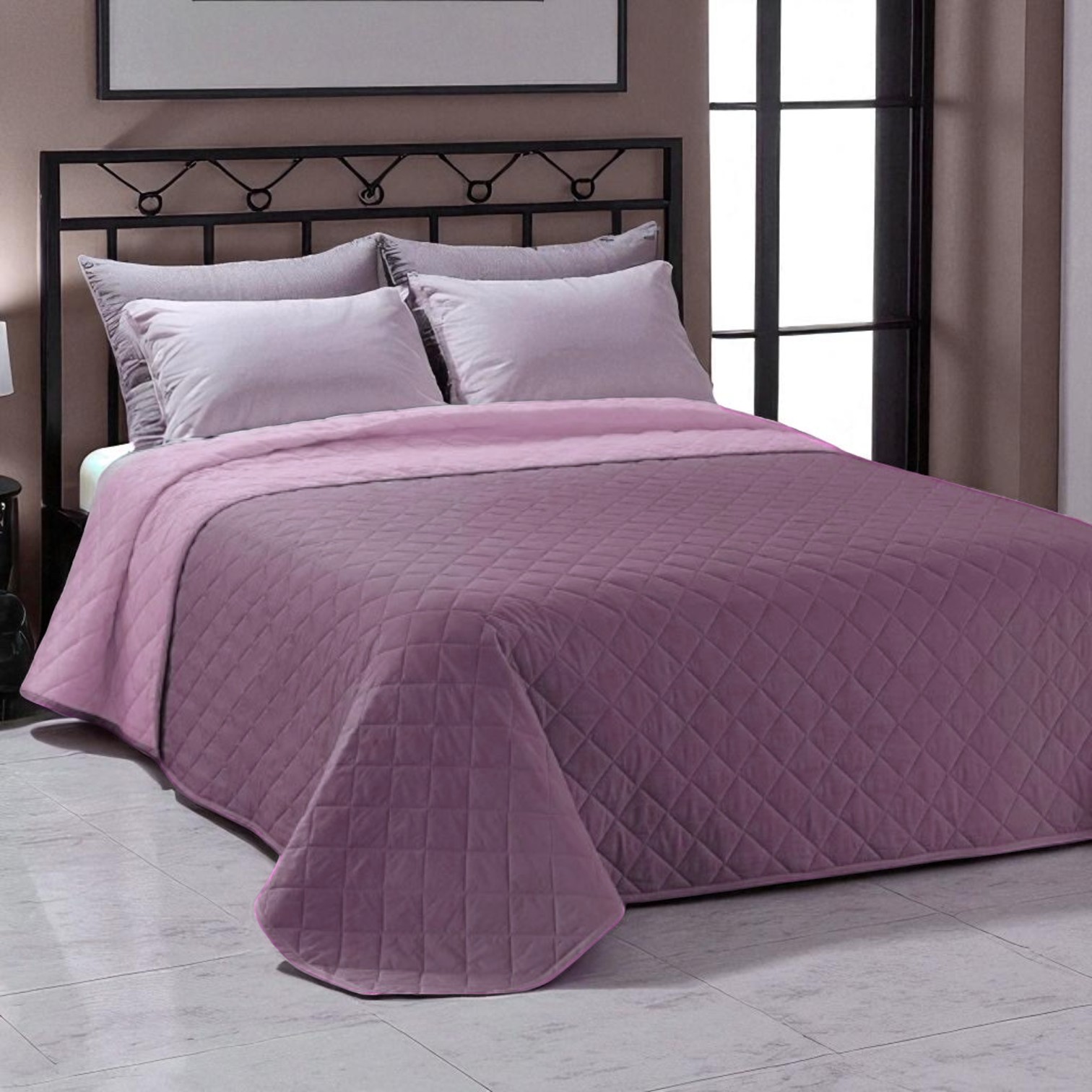 Trapuntino Bicolor matrimoniale in Puro Cotone Percalle - rosa malva