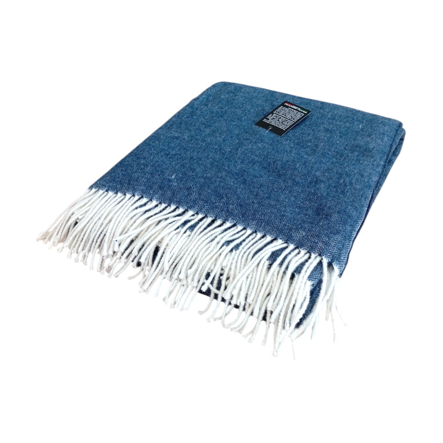 Plaid in lana spigato con frange - navy