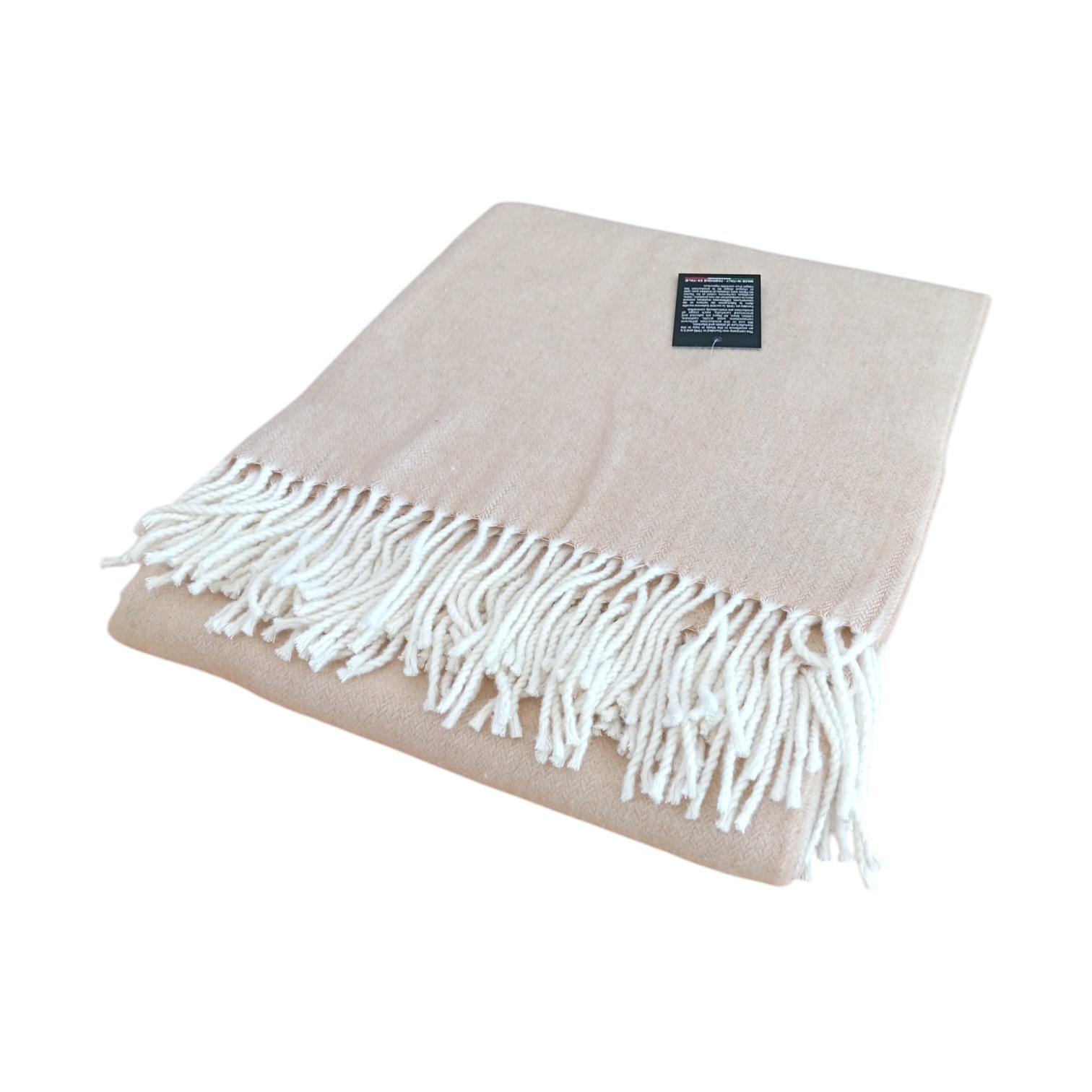 Plaid in lana spigato con frange - sabbia