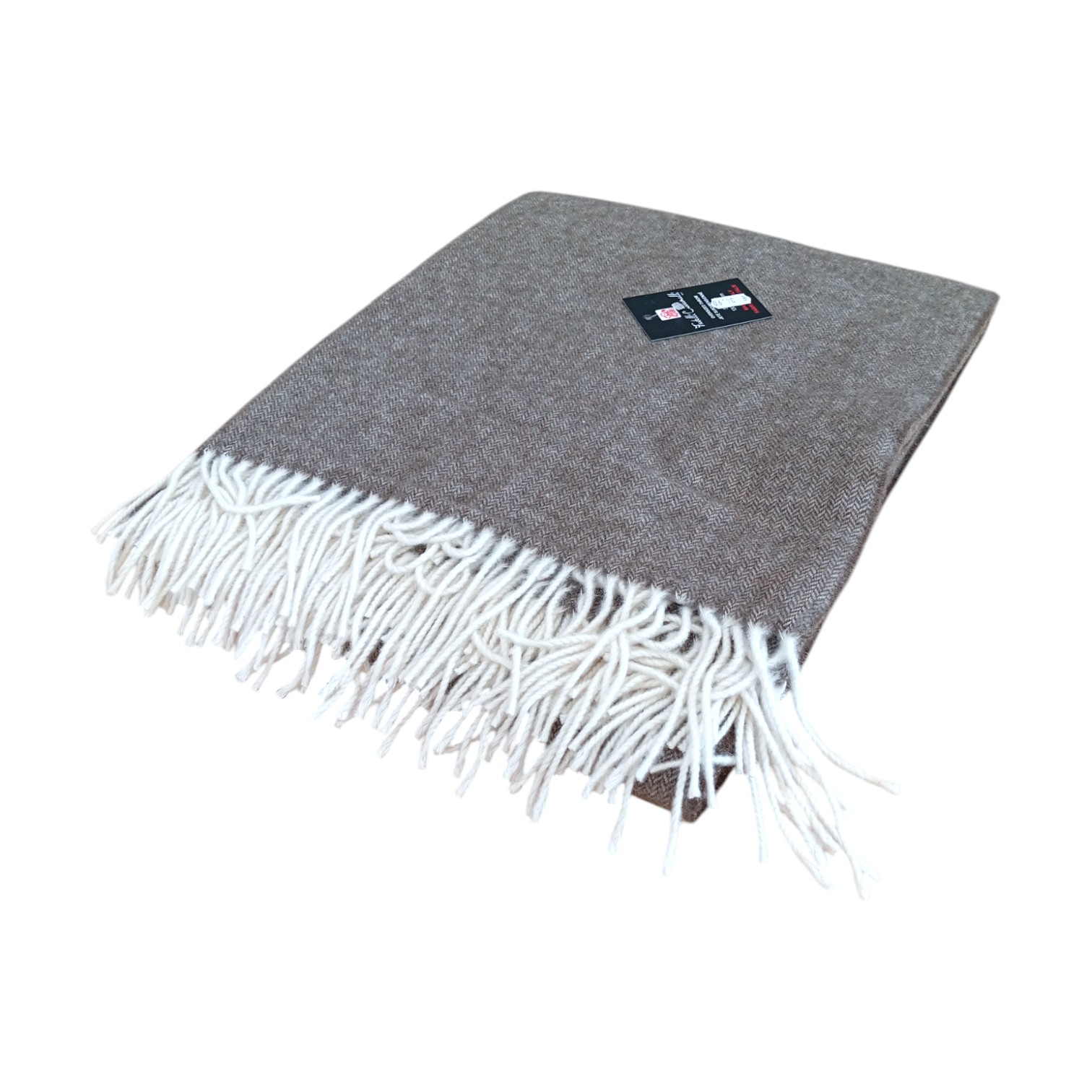 Plaid in lana spigato con frange - tortora