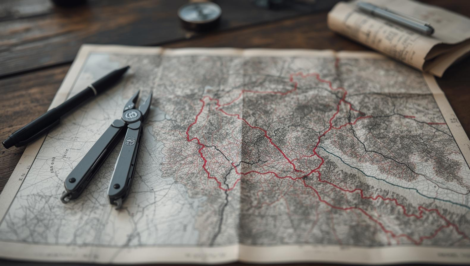 Mappa cartacea dettagliata con confini segnati in rosso, posata su un tavolo di legno, accompagnata da pinza multiuso, penna e altri strumenti da orientamento