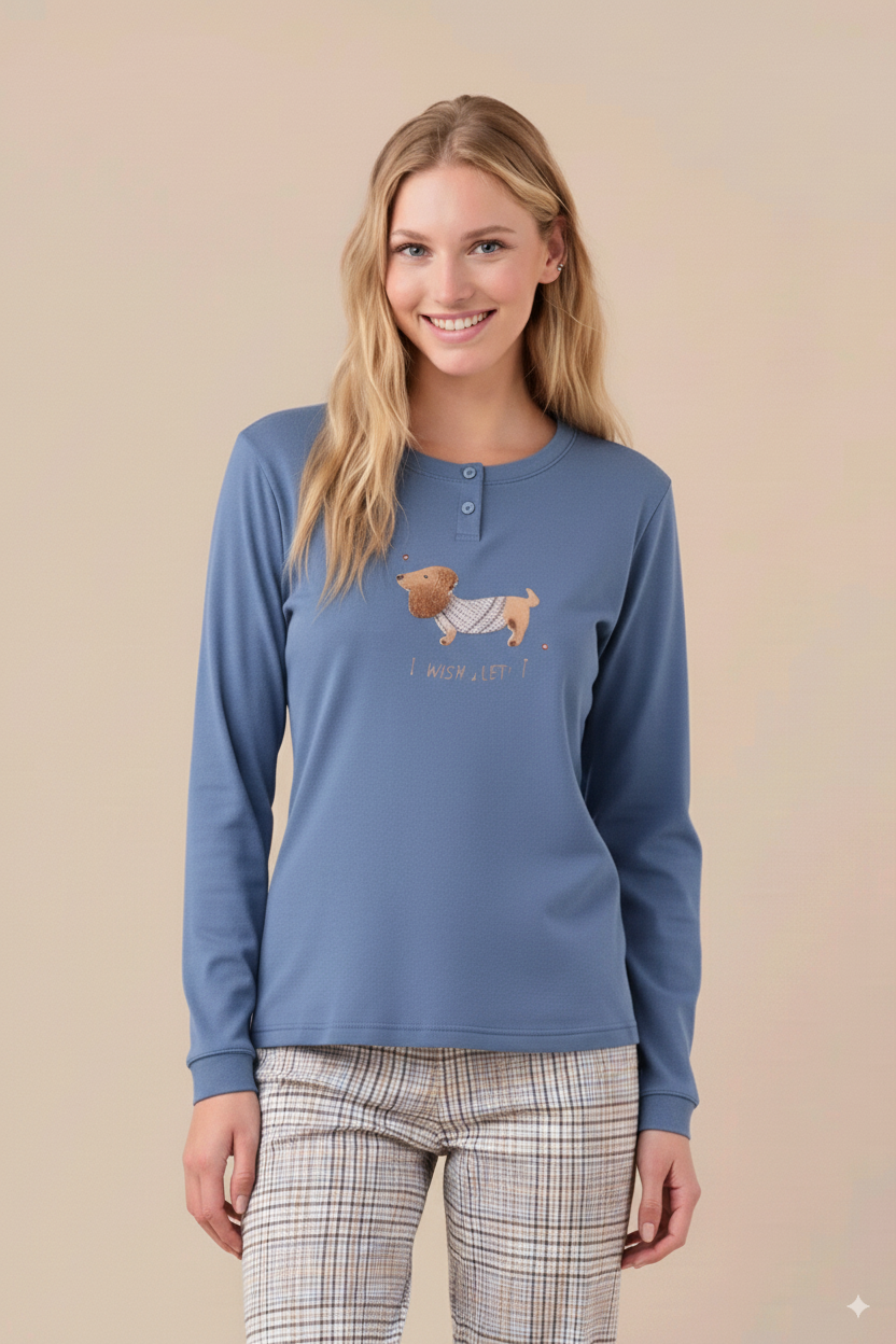 Noi Di Notte Pigiama Lungo FA9253AS Donna Caldo Cotone Colore Blu Avio Con Ricamo