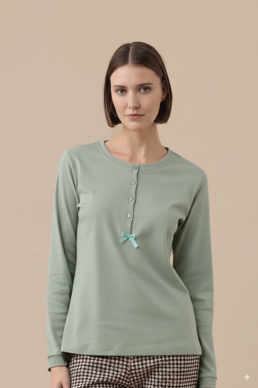 Noi Di Notte Pigiama Lungo FA9265AS Donna Caldo Cotone Colore Verde Salvia