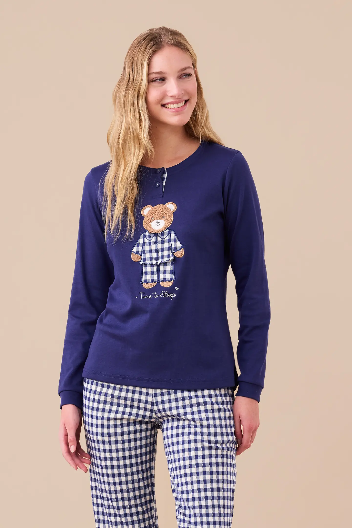 Noi Di Notte Pigiama Lungo FA9256AS Donna Caldo Cotone Colore Blu Navy Con Fantasia Quadretti