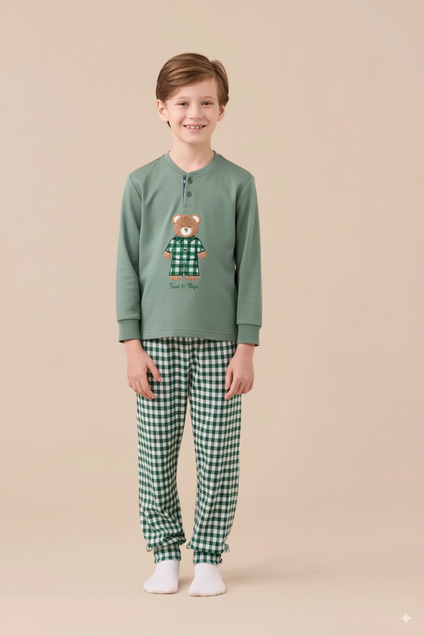 Noi Di Notte Pigiama Bambino FE2561AB In Caldo Cotone Colore Verde Salvia Con Ricamo