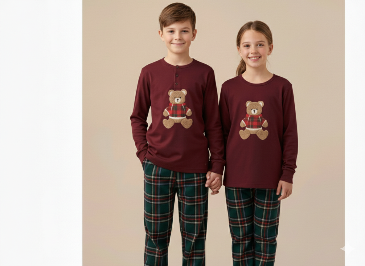 Noi Di Notte Pigiama Ragazzo/Ragazza FL517AB In Caldo Cotone Colore Amaranto Con Ricamo