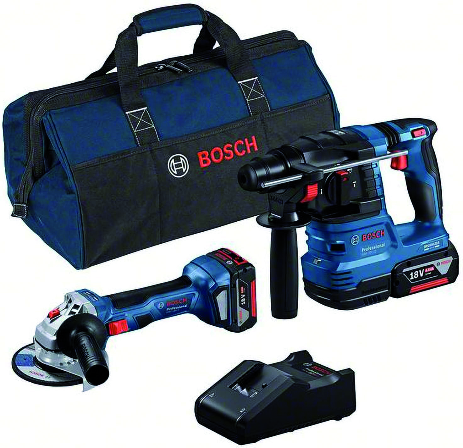 Bosch KIT Minismerigliatrice GWS 18V-7 + Martello GBH 18V-22 + Set ricarica