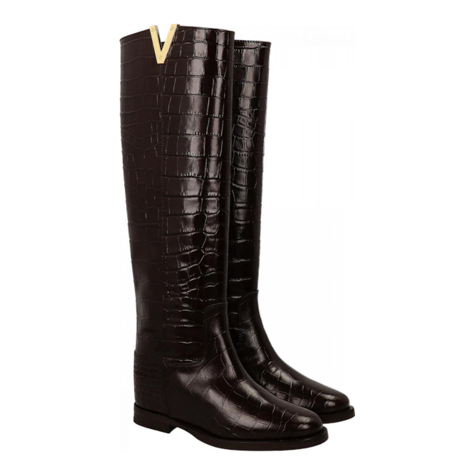 VIA ROMA 15 Stivale Nero In Pelle Con Zeppa 5 Cm E Dettaglio V Oro - 2568 SANTA MONICA - Taglia 36, Made In Italy