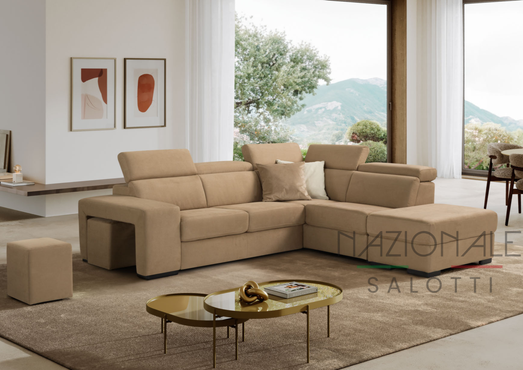 Divano angolare con pouf letto estraibile, pouf contenitore e