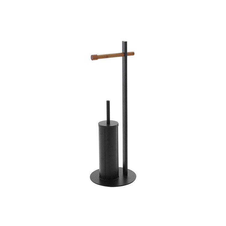 Piantana portascopino nera con portarotolo in bamboo L22xH67xP22 cm Feridras - 3