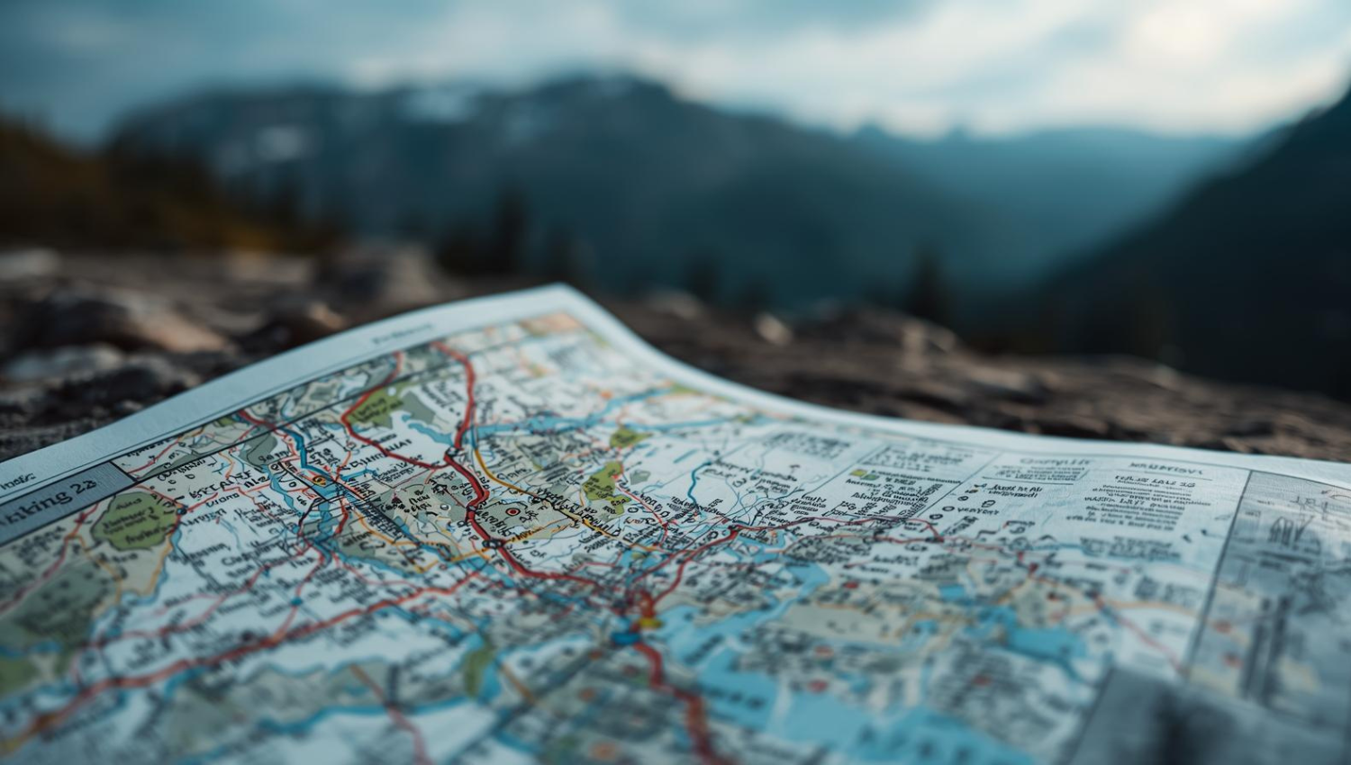 Mappa geografica dettagliata appoggiata su una roccia, con montagne sfocate sullo sfondo.