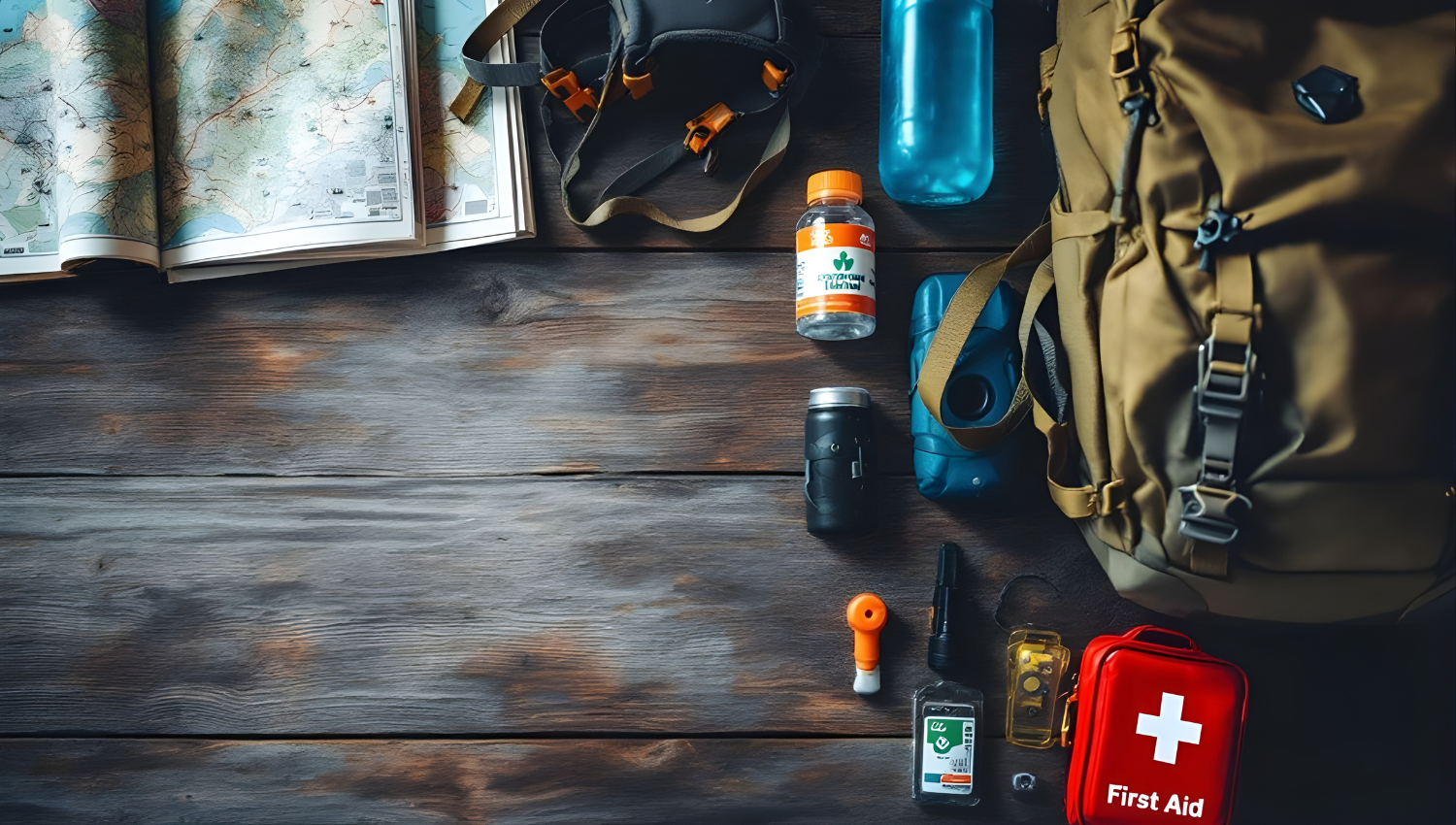 Equipo de senderismo sobre una superficie de madera: mochila, mapa, botellas, linterna, GPS y botiquín de primeros auxilios.