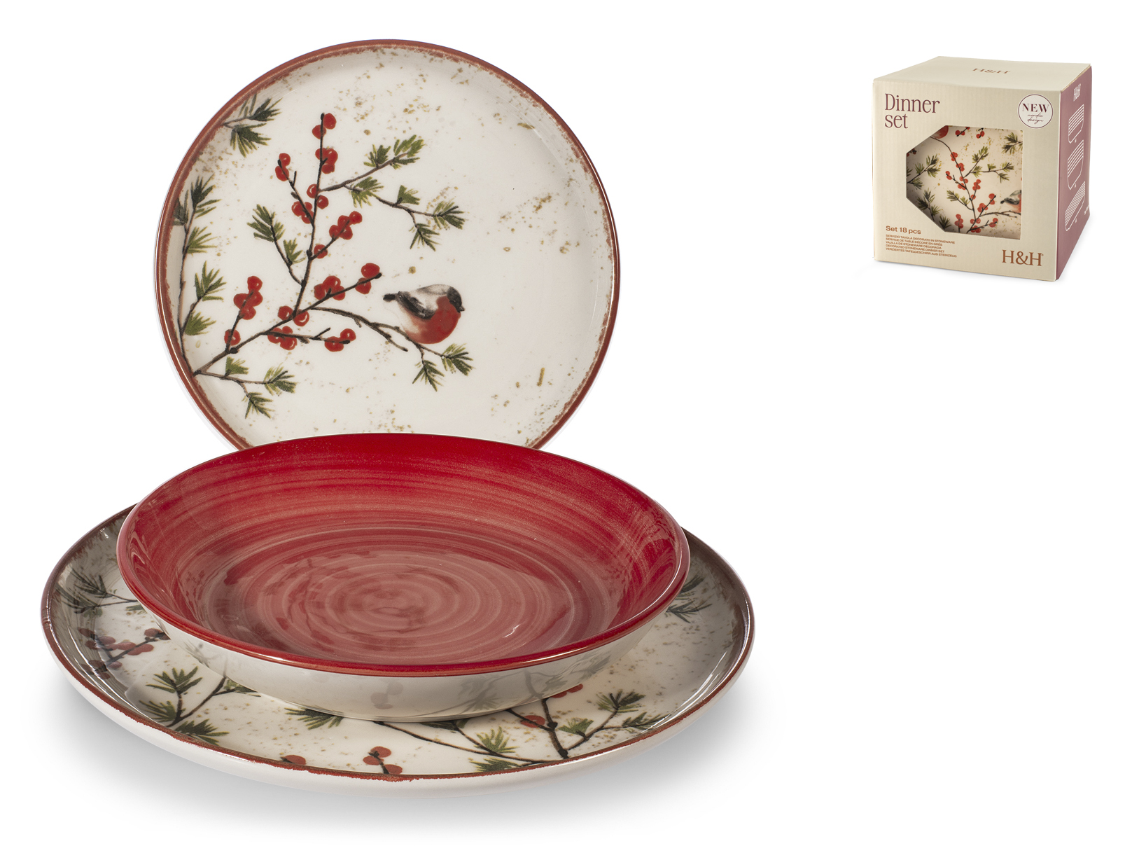 H&H Scotland Servizio Tavola, 18 Piatti, in Stoneware, Natale, Festività