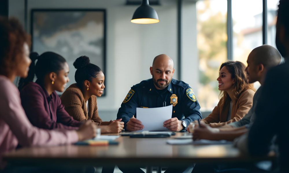 A police officer sits at the head of a meeting table, holding documents, surrounded by engaged community members in a bright, modern room.