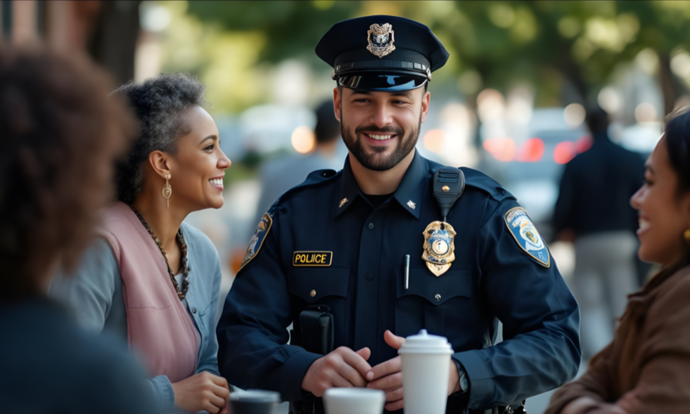 A cheerful police officer talks with smiling individuals at an outdoor café, creating a friendly and approachable atmosphere.