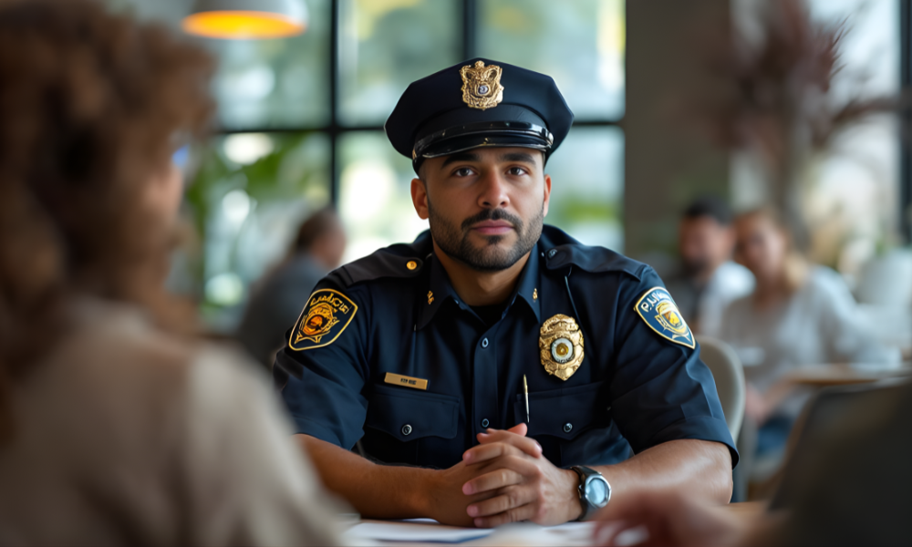 A serious-looking police officer in uniform sits at a table with his hands folded, attentively listening during a meeting with citizens.
