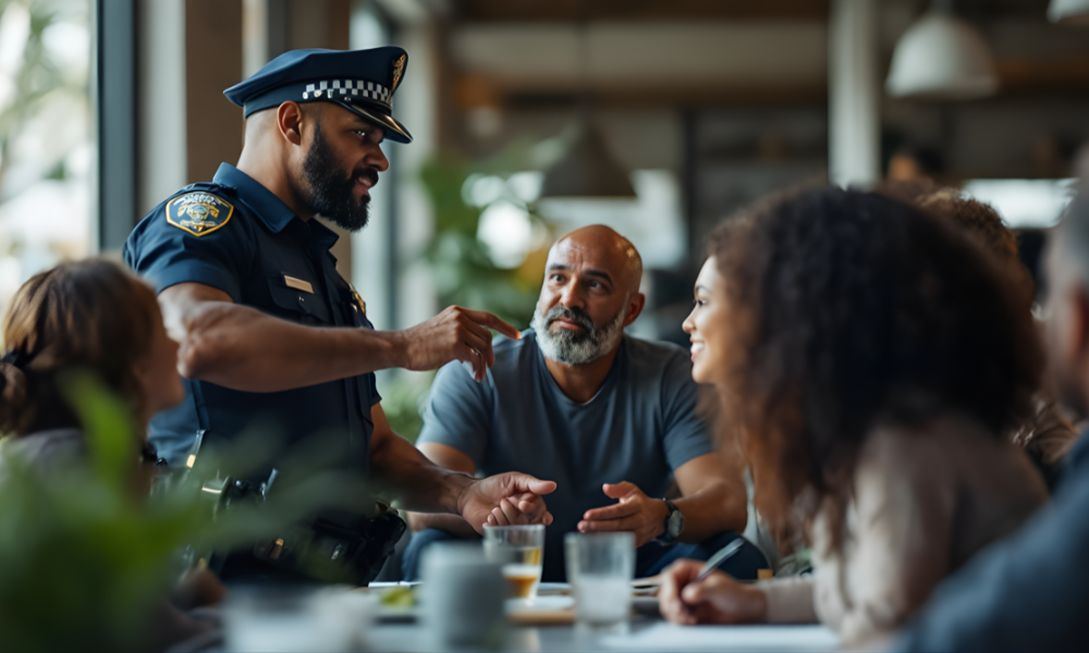A uniformed police officer engages in conversation with a diverse group of people seated at a café table, fostering community dialogue.