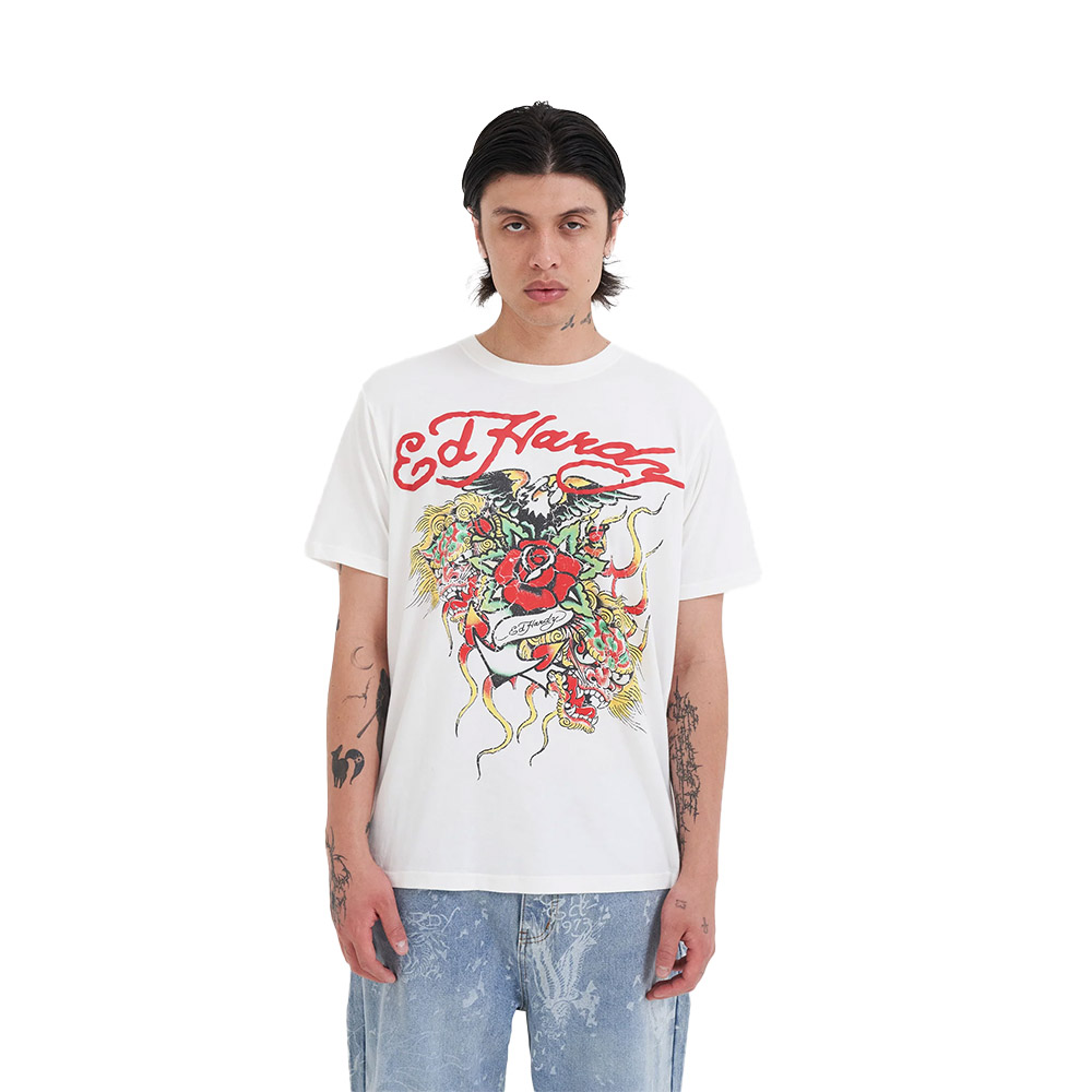 ED HARDY Maglietta Maniche Corte Tee Eagle Drag Rose White