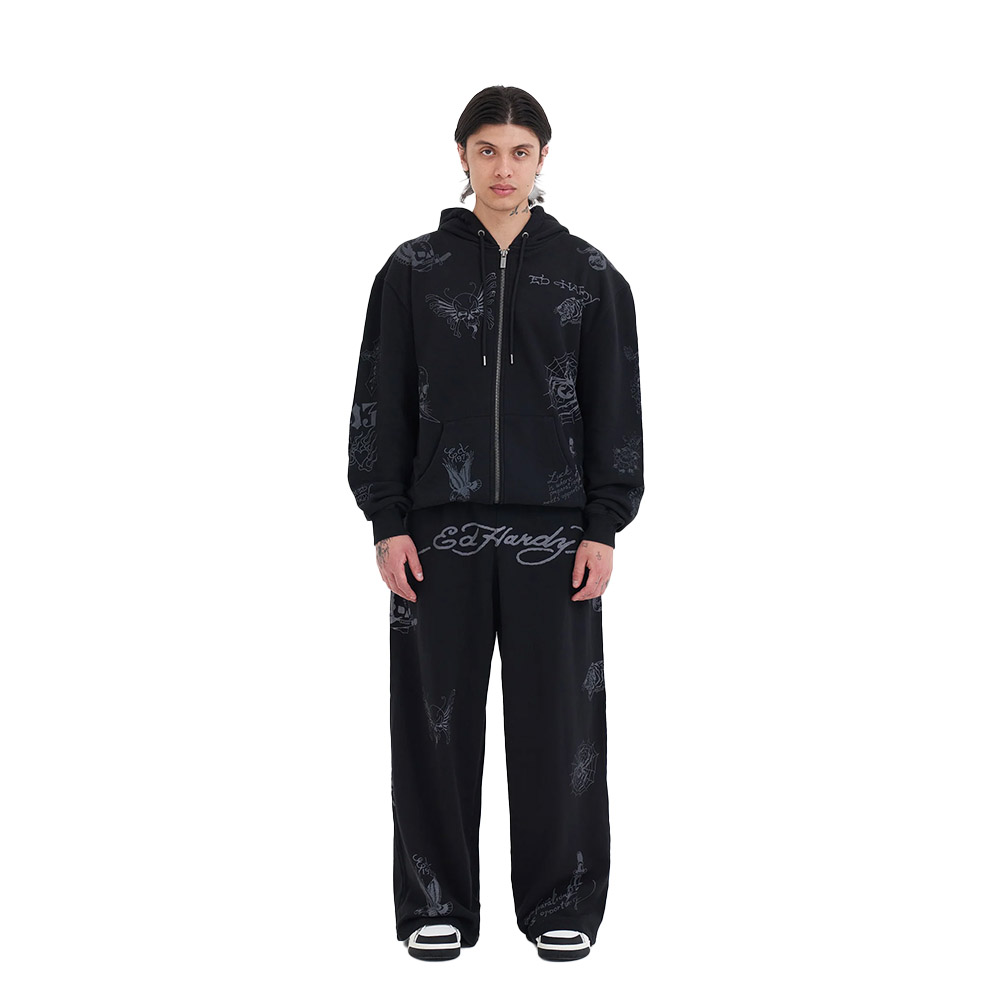 ED HARDY Felpa Zip Thru Hoodie Zip Tattoo Club Black 