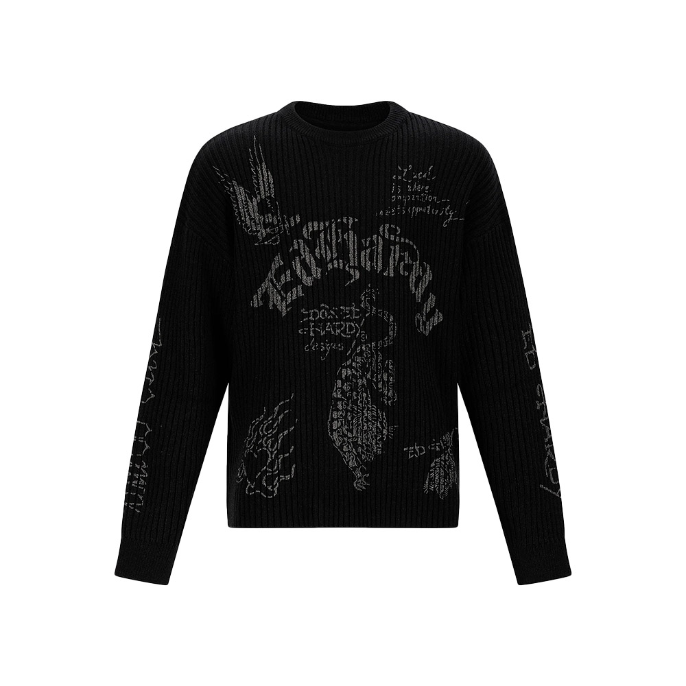 ED HARDY Maglione Knit Crew Jumper Gothic Ribbed Black 