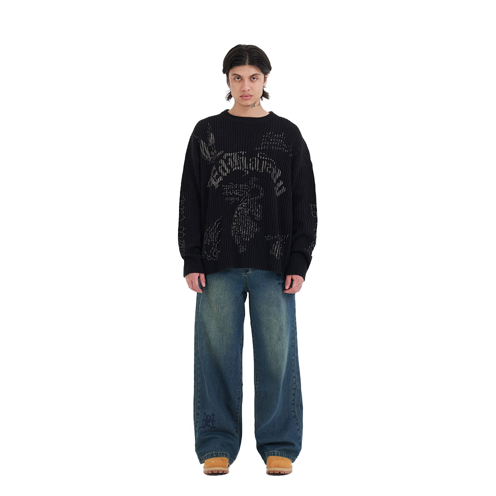 ED HARDY Maglione Knit Crew Jumper Gothic Ribbed Black 
