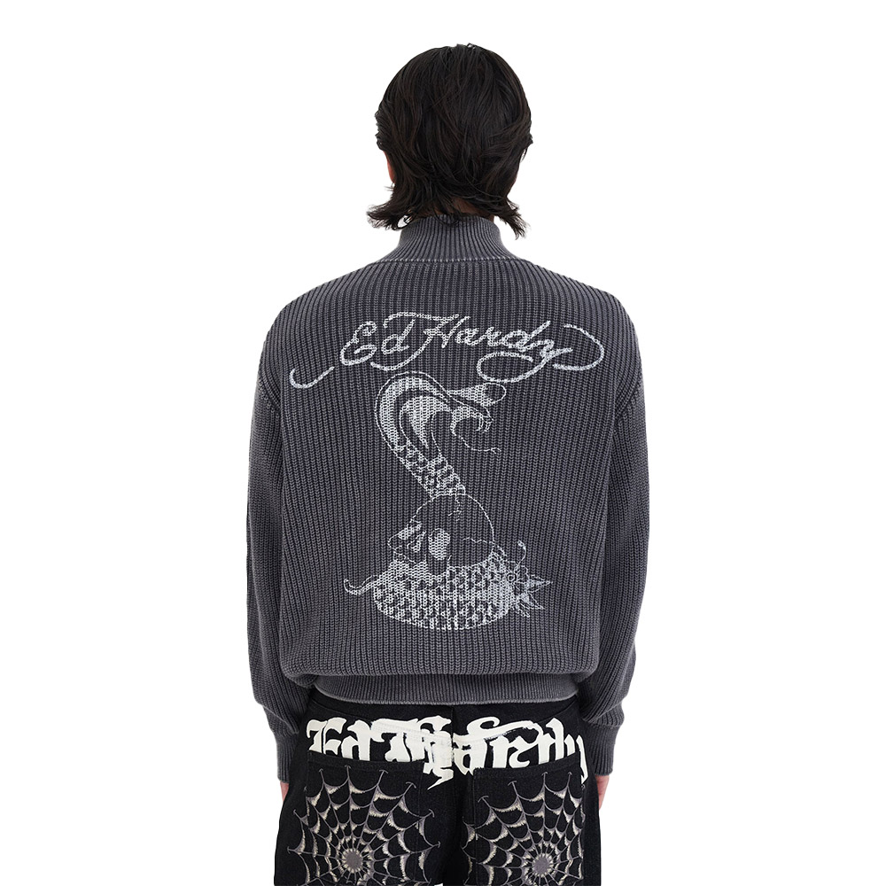ED HARDY Maglione Zip Thru Jumper Skull And Snake Charcoal 