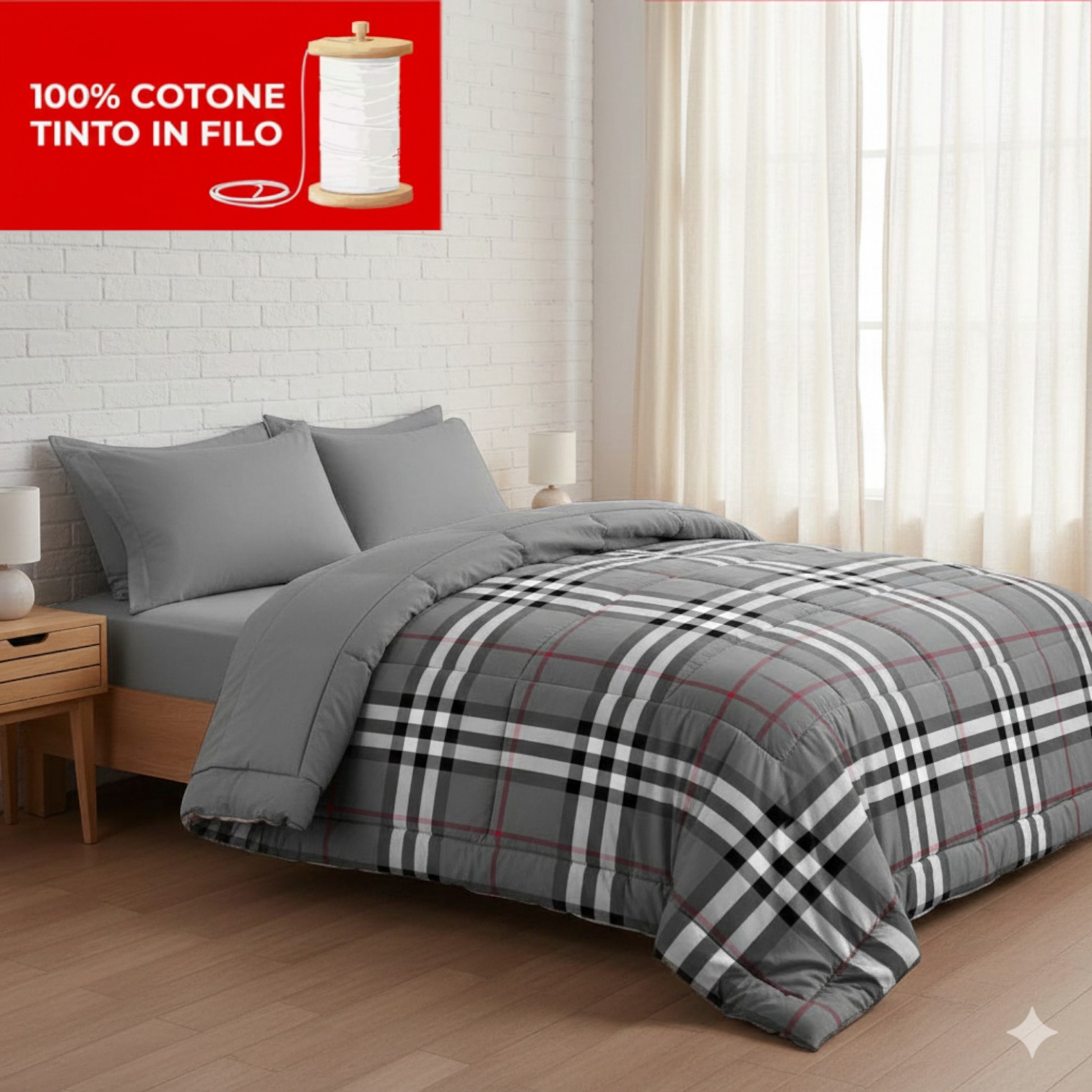 Trapunta matrimoniale Check 100% cotone tinto in filo - grigio e fumo