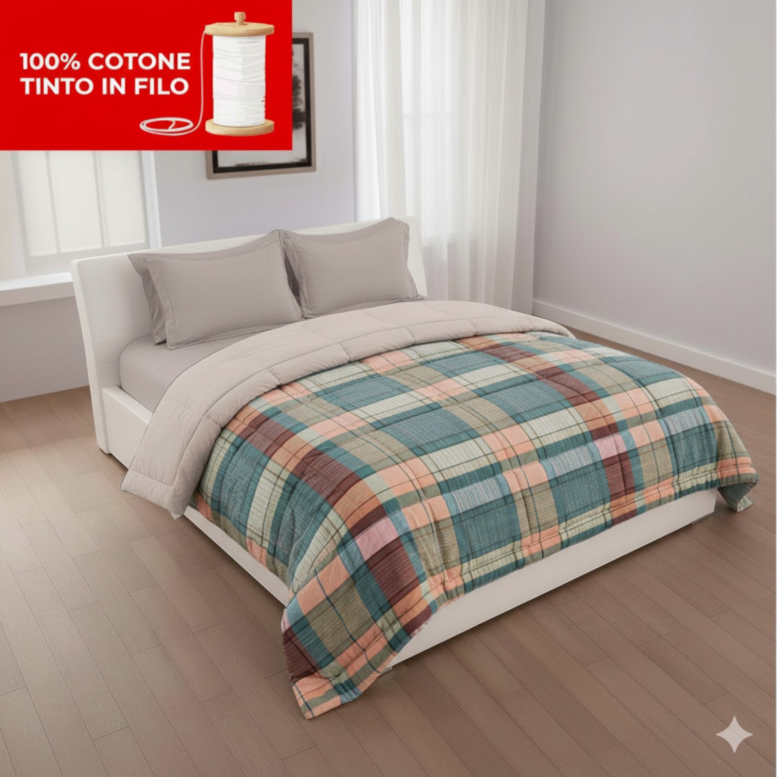 Trapunta matrimoniale Check 100% cotone tinto in filo - var ottanio e ruggine