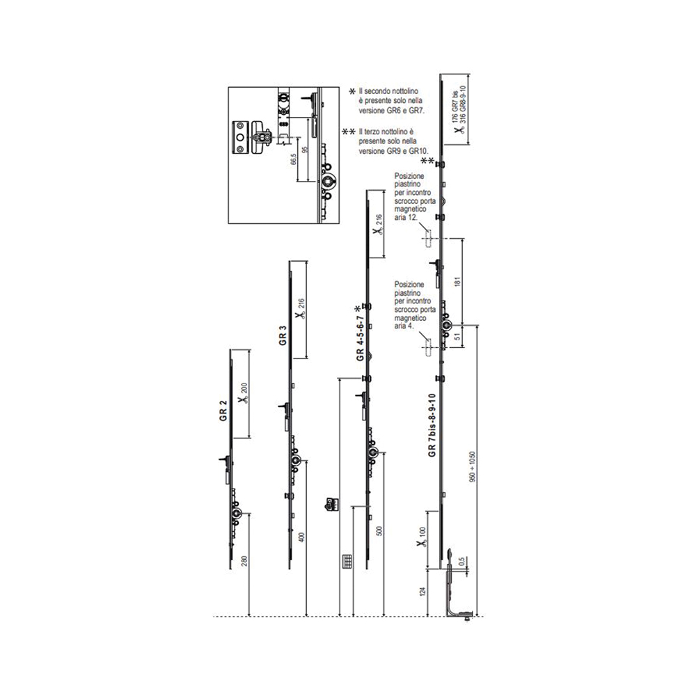 Cremonese artech GR.9 entrata15 h.1994-2310 altezza maniglia 1050mm per finestra anta e ribalta
